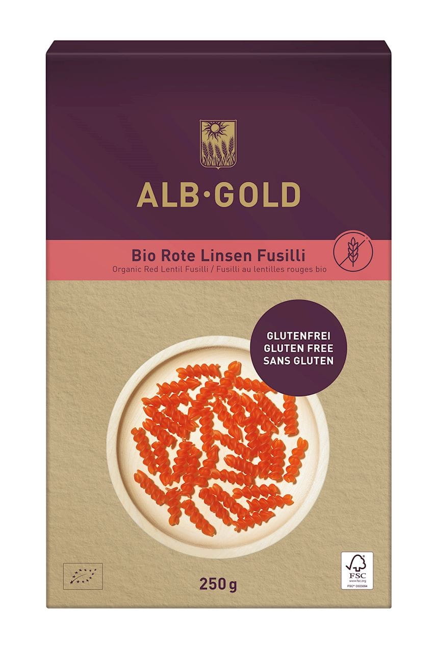 Nudeln (rote Linsen), Twist, glutenfrei BIO 250 g - ALB GOLD