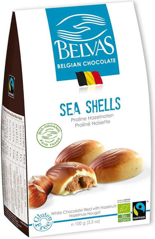 Belgische weiße Pralinen mit Nussfüllung Muscheln glutenfrei fair gehandelt BIO 100 g - BELVAS